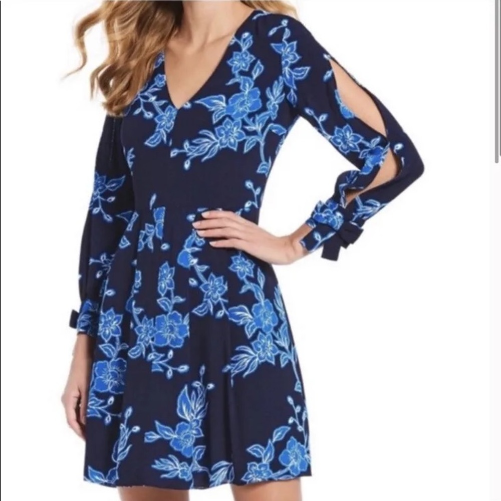 Draped James Geranium Floral Tie Sleeve Dress